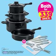 Mainstays 7-Piece Carbon Steel Non-Stick Pot Set (Black/Red) + 7-Piece Knife Set With Plastic Board