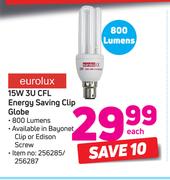 Eurolux 15W 3U CFL Energy Saving Clip Globe-Each