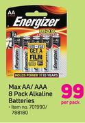 Energizer Max AA/AAA 8 pack Alkaline Batteries-Per Pack