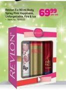 Revlon 3 x 90ml Body Spray Pink Happiness, Unforgettable, Fire & Ice-Per Set