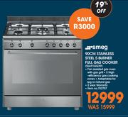Smeg 90cm Stainless Steel 5 Burner Full Gas Cooker SSA91GGX9