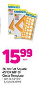 26cm Set Square 45 Degree Or 60 Degree Or Circle Template-Each