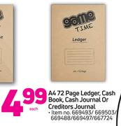 A4 72 Page Ledger, Cash Book, Cash Journal Or Creditors Journal-Each