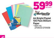 Butterfly A4 Bright/Pastel 100 Pack 80 Gsm Paper-Per Pack