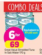 Great Value Shredded Tuna In Salt Water-6 x 170g