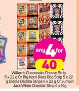 Willards Cheasnaks Cheese Strip-5x22g Or Big Korn Bites BBQ Strip-5x22g Daddle Strips-4x22g 