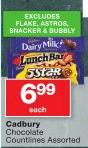 Cadbury Chocolates Countines Assorted(Exclding Flake,Astros,Snackers & Bubbly)-Each