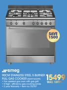 Smeg 90cm Stainless Steel 5 Burner Full Gas Cooker SSA91GGX9
