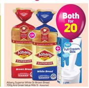 Albany Superior White Or Brown Bread 700g+Great Value Milk 1L-For Both