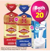 Albany Superior White Or Brown Bread 700g+Great Value Milk 1L-For Both