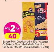 Bakers Mini Cheddars 6X33g, Eet-Sum-Mor, Bakers Blue Label Marie Or Tennis Biscuits 5x40g-For Any 2