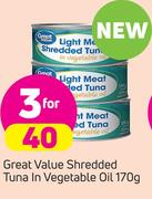 Great Value Shredded Tuna In Vegetable Oil-3X170g