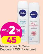 Nivea Ladies Or Men's Deodorant-2X150ml
