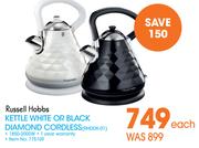 Russell Hobbs Kettle White Or Black Diamond Cordless RHDDK-01-Each