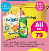 Sunlight 2In1 Hand washing Powder-2Kg,Laundry Soap-400/500g,Sunlight Dish washing Liquid-750ml 