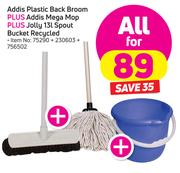 Addis Plastic Back Broom Plus Addis Mega Mop Plus Jolly 13Ltr Spout Bucket Recycled-All For