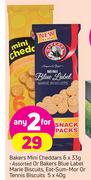 Bakers Mini Cheddars-6x33g Or Bakers Blue Label Marie Biscuits,Eet Sum Mor Or Tennis Biscuits-5x40g