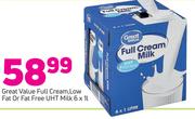 Great Value Full Cream, Low fat Or Fat Free UHT Milk-6 x 1Ltr