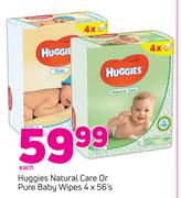 Huggies Natural Care Or Pure Baby Wipes-4 x 56's Each