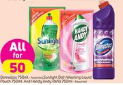 Domestos-750ml+Sunlight Dish Washing Liquid Pouch-750ml & Handy Andy Refill Assorted-750ml-All For