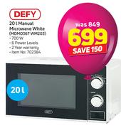 Defy 20Ltr Manual Microwave White MDM0367 WM203