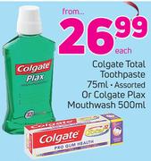 Colgate Total Toothpaste Assorted-75ml Or Colgate Plax Mouthwash-500ml Each