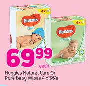 Huggies Natural Care Or Pure Baby Wipes-4 x 56's Each