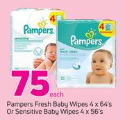 Pampers Fresh Baby Wipes-4 x 64's Or Sensitive Baby Wipes-4 x 56's Each