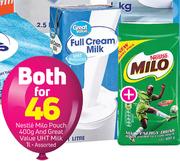 Nestle Milo Pouch 400g and Great Value UHT Milk 1Ltr - For Both