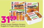 Simply Chicken Steaklets, Burgers, Nuggets Or Fingers Assorted-400g Each