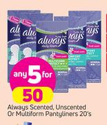 Always Scented, Unscented Or Multiform Pantyliners-5x20's