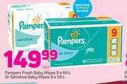 Pampers Fresh Baby Wipes 9x64's Or Sensitive Baby Wipes 9x56's-Each