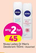 Nivea Ladies Or Men's Deodorant-2x150ml