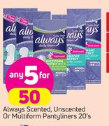 Always Scented, Unscented Or Multiform Pantyliners-5 x 20s