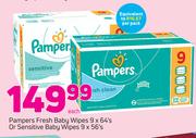 Pampers Fresh Baby Wipes-9 x 64's Or Sensitive Baby Wipes-9 x 56's-Each
