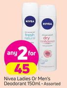 Nivea Ladies Or Men's Deodorant Assorted-2 x 150ml
