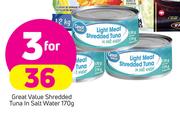 Great Value Shredded Tuna In Salt Water-3 x 170g