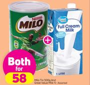 Milo Tin-500g & Great Value Milk Assorted-1Ltr-Both For