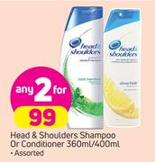Head & Shoulders Shampoo Or Conditioner Assorted-2 x 360ml/400ml