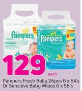 Pampers Fresh Baby Wipes-6 x 64's Or Sensitive Baby Wipes-6 x 56's Each