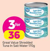 Great Value Shredded Tuna In Salt Water-3X170g
