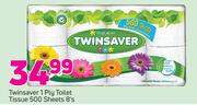 Twinsaver 1 Ply Toilet Tissue 500 Sheets-8's