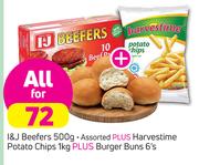 I&J Beefers 500g + Harvestime Potato Chips 1kg + Burger Buns 6's-For All 