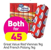 Great Value Red Viennas 1Kg And French Polony 1Kg-For Both