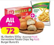 I&J Beefers 500g+Harvestime Potato Chips 1Kg+Burger Buns 6's-For All