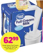 Great Value Full Cream, Low Fat Or Fat Free UHT Milk-6x1Ltr 