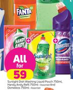 Sunlight Dish Washing Liquid Pouch 750ml, Handy Andy Refill 750ml & Domestos 750ml-For All