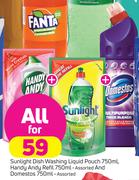 Sunlight Dishwashing Liquid Pouch 750ml+Handy Andy Refill 750ml+Domestos 750ml-For All