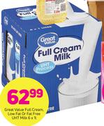 Great Value Full Cream Low Fat Or Fat Free UHT Milk-6X1l
