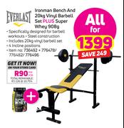 Everlast Ironman Bench And 20Kg Vinyl Barbell Set+Super Whey 908g-For All